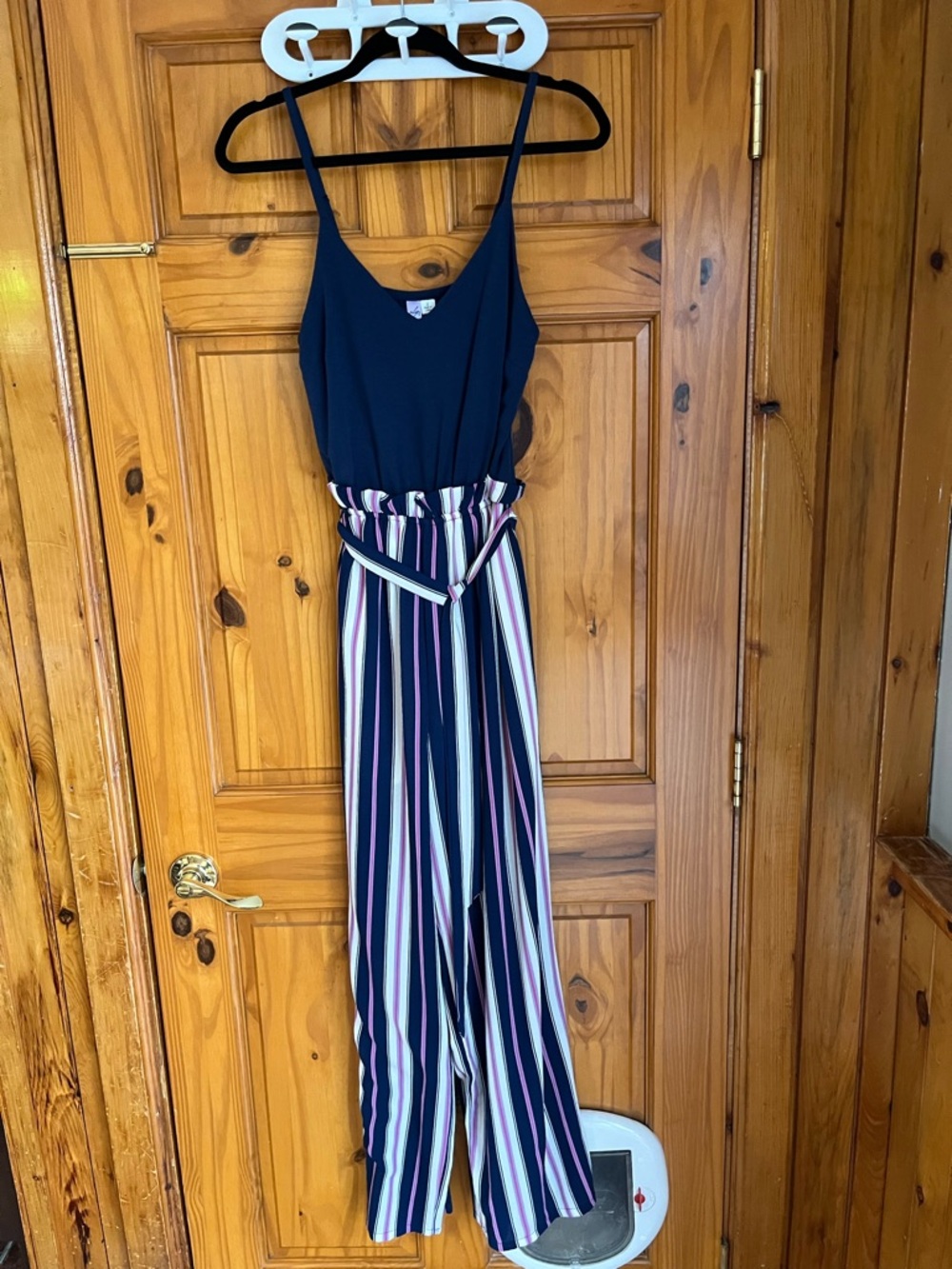 Alya Navy Spaghetti-Strap Jumpsuit with Multicolor Striped Wide Legs